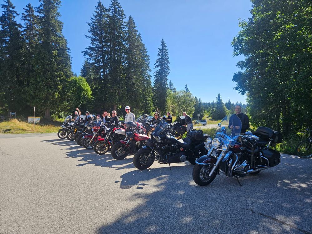 Les motos du club alignées à l'ombre des sapins